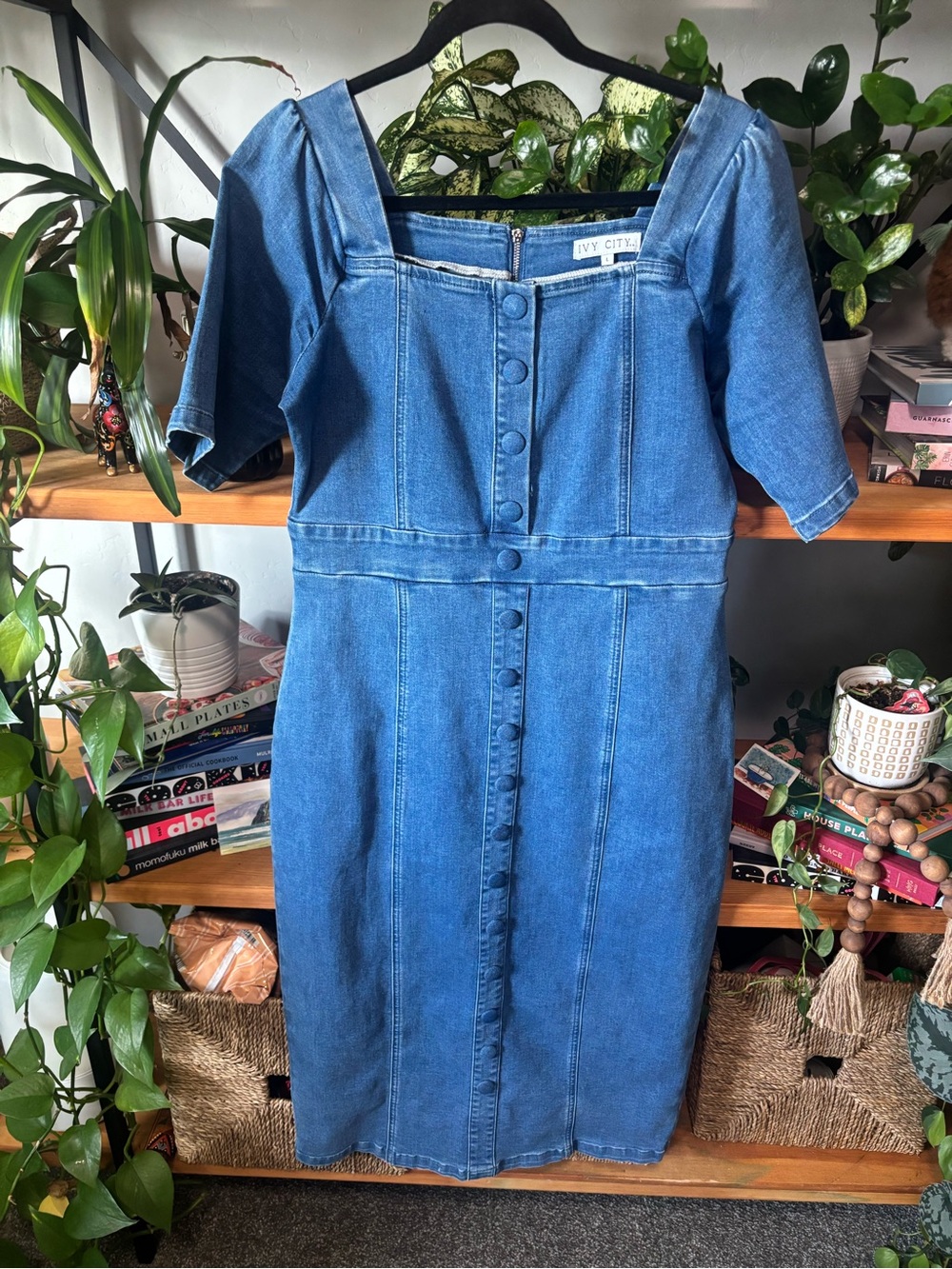 Ivy City Co Blue Denim Midi Dress | Large